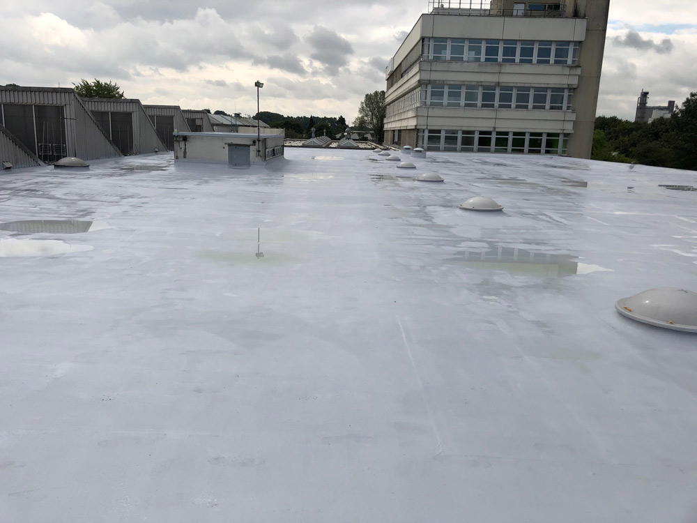 Roof renovation with liquid plastic on industrial roof with foil